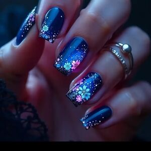 24 Pcs Floral Nail Art with Blue and Pink Accents BUY ONE GET ONE FREE